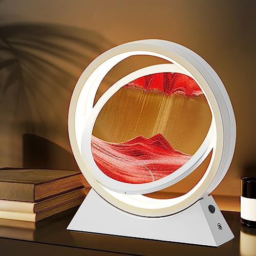 Ulikey Sandbilder Zum Drehen, 3D Dynamische Sandbild mit Led Licht, 10 Zoll Bewegende Sandkunst, Fließende Sandkunst für Erwachsenes Kinder, Bewegliches Sandkunstbild Landschaft (Weiß und rot)