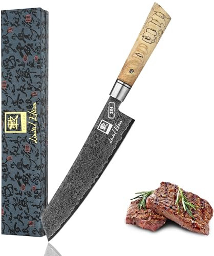 zayiko Limited Edition Damastmesser Kiritsuke Black Meteor, 20 cm Klinge gefertigt aus 67 Lagen Damaststahl mit edler Titanium-Beschichtung und Ahornholzgriff, Profi Küchenmesser