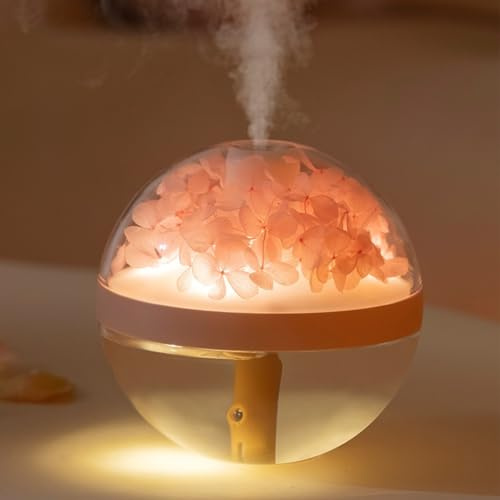 Wireless Design Air Humidifier, Eternal Flower Design, 270ML Cool Mist Maker, Warm White Lamp, USB Rechargeable(Pink)
