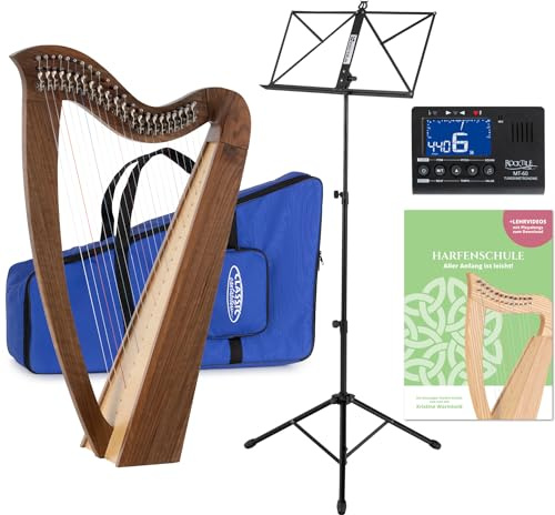 Classic Cantabile H-22 WN Keltische Harfe Set - Celtic Harp mit Halbtonmechanik - 22 Saiten - In Es-Dur gestimmt - inkl. Tasche, Schule, Notenständer und Stimmgerät & 2 Stimmschlüssel - Höhe: 83,5 cm