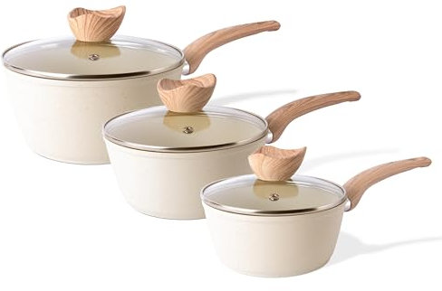 Nuovva Set de Casseroles Antiadhésives – Casserole à Induction avec Couvercle – Set de 3 Casseroles en Granit Crème – 16 cm, 18 cm, 20 cm – Par Nuovva.