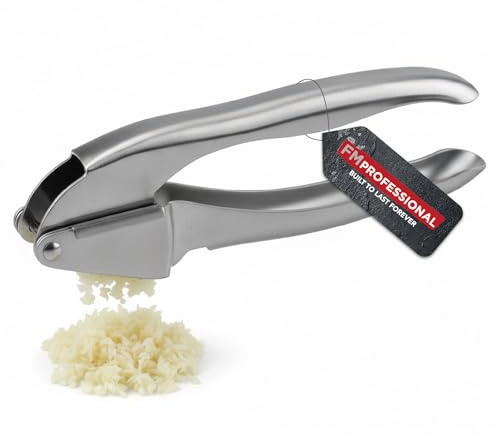 FMprofessional Edelstahl Knoblauchpresse – Professionelle Qualität für müheloses Pressen, langlebig & spülmaschinengeeignet, Grau | Püree Knoblauch und Ingwer, robuster Stahl, Format 17,5 cm, spülmaschinenfest, für Saucen und Marinaden