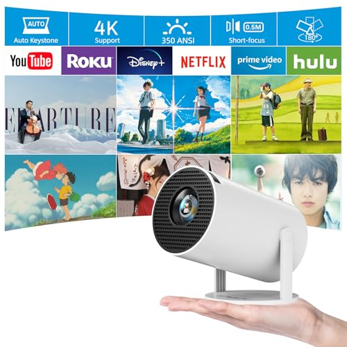 [180°Adjustable Stand] Smart Mini Projector with Android TV, Upgrade HY300 Pro Portable Projector with WiFi and Bluetooth, 4K Support, Auto Keystone, Portable Ceiling Projector For ios and Android.