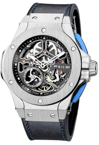 FEICE Skeleton Automatik Uhr Herren Analog mit Edelstahl Saphirspiegel Schwarzes Silikonarmband Ø42.5mm FM701