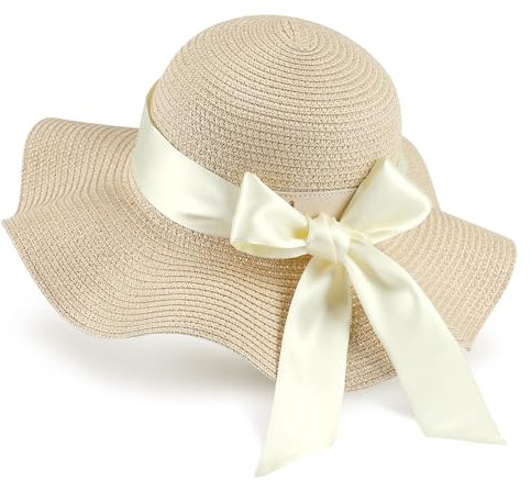 GNEGNI LIFE Floppy Straw Hats, Women Wide Brim Sun Hats Foldable Summer Beach Hats Sun Protection UPF 50+ (Beige & Beige Ribbon)