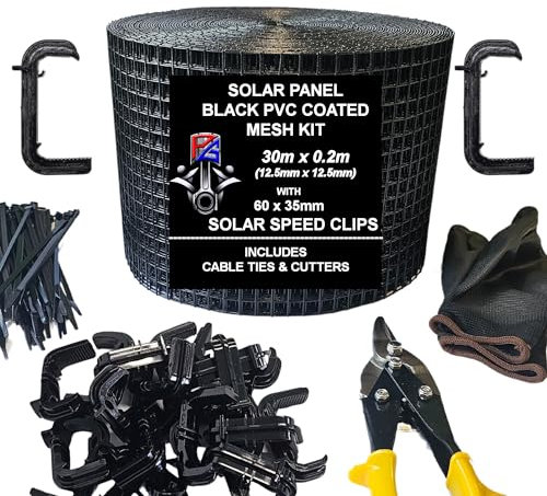 PG Bird Proofing Mesh Kit & 60 35mm SPEED Clips For Control & Prevention of Pigeons Nesting Under Roof Solar Panels Cable Ties Gloves Clippers (Black PVC 30m)