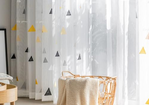 Homxi Voile Gardinen Halbtransparent 2er Set,2 x 102W x 160H cm,Vorhänge mit Tüll Weiß Schwarz Gelb Dreieck Muster Vorhang Haken