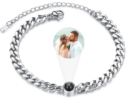 INBLUE Personalizada Foto Proyección Pulsera para Pareja Acero inoxidable Curb Cadena Pulsera con Proyección de Cuentas Personalizada Pulsera con Foto Interior Memorial Regalos para Mujeres - Plata