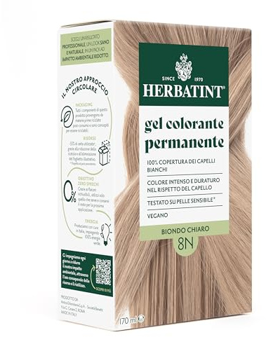 Herbatint Gel Colorante Permanente per Capelli 8N Biondo Chiaro - 170 ml | Senza Ammoniaca, 100% Copertura Capelli Bianchi | per Pelli Sensibili, con 8 Estratti Naturali Bio