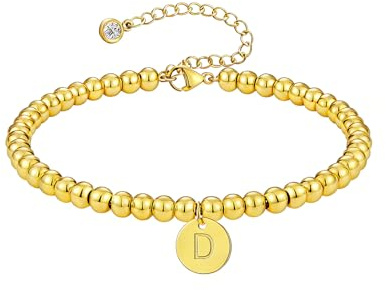 ESHIONER Bracciale in Perline d'oro Donna Placcato Oro 18K Bracciali Impilabili Delicato e di Tendenza Non si Appanna Catena Regolabile Lettera D Charm Bracciale Iniziale Donna Regali di Gioielli