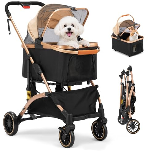 Coziwow Dog Stroller for Pets, One Hand Fold Puppy Stroller with 6 Shock Absorbers, Removable Cabin & Storage Basket, 4 Wheels Dual Brakes, Rose Gold + Black