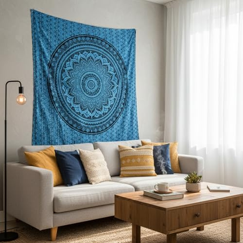 FURNISHFUL FINESSE Wandteppich, Mandala Ombre, Blau, 137 x 213 cm | Dekorative Baumwoll-Wanddecke für Wohnzimmer, Schlafzimmer oder Boho-Räume; vielseitig als Wandbehang und Heimdeko.