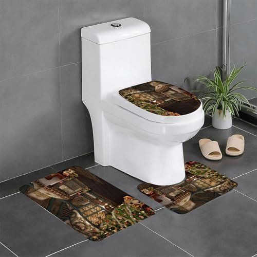 KGDHY Badezimmermatten-Sets 3-Teilig,Zauberhafte Weihnachten,Bad und WC-Vorleger-Set,rutschfeste Badezimmerteppiche wasserabsorbierende