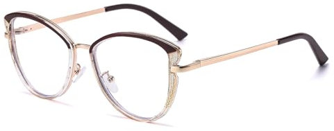 LJCZKA Occhiali Luce Blu Donna Occhi di Gatto, Montatura Occhiali da Vista Metallo Occhiali Anti Luce Blu Antiriflesso per Computer, Gioco (Caffè, 0.0, x)