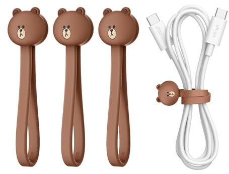 elago | Cintas Magnéticas LINE Friends, Organizador de Cables de Silicona Premium, Sujetacables Magnético Reutilizable [Merchandising Oficial] (Brown)