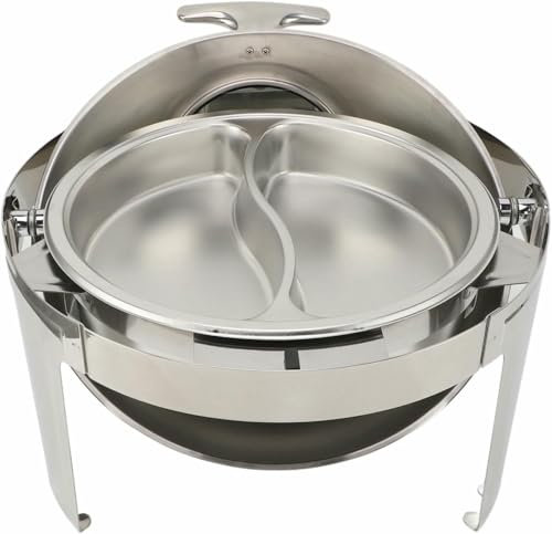 AFLEPCBRQ Chafing Dish Buffet Set,Stainless Steel,Buffet Chafer,6 L,Buffet,Catering,Food Warmer,Alcohol Heater,Visible Glass Lid,Round (Pan with 2 Compartments)