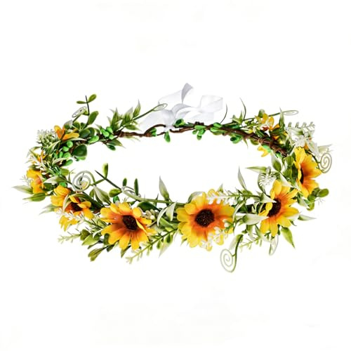 Sonnenblumenkrone, Haarkranz, Gänseblümchen, Stirnband, Boho-Blumenkranz, künstliche Blumen, grünes Blatt, Braut-Kopfschmuck für Hochzeitszeremonie, Party, Festival, Foto-Requisiten (gelb)