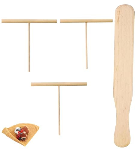 4-Piece Wooden Crepe Spreader Set with Spatula and 3 T-Shaped Spreaders - Natural Wood Kitchen Tools for Home Chefs, Restaurants - Effortless Spreading and Flipping for Good Breakfast Crepes