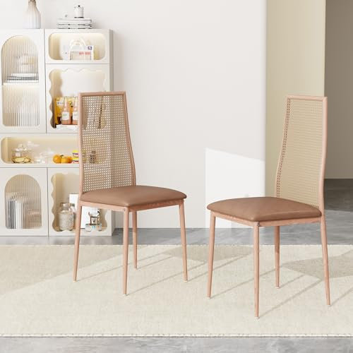 YGHQAP Esszimmerstühle 2er Set, Rattan Stuhl, Rattanstühle Küchenstuhl Mit Rattan Hoher Rückenlehne, Moderner Polsterstühle Mit Metallbeine Für Wohnzimmer, Küche, Esszimmer, Balkon (Natur-A)