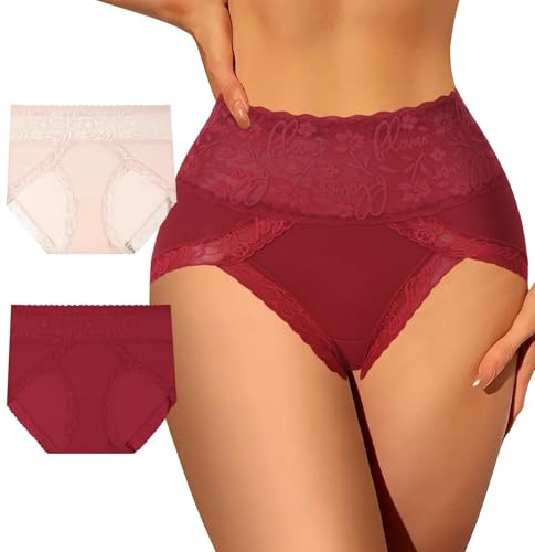 DAFANY 2 Pack Tummy Control Underwear for Women High Waist Lace Openwork Filigree Embroidery Panties Breathable Soft Stretch Briefs (2Colors,S)