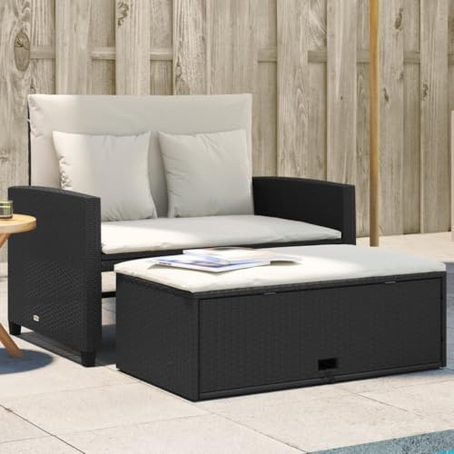 Festnight Gartensofa Ausziehbar mit Liegefunktion Stauraum Balkon Sofa Liege Rattan Sofa 2 Sitzer Hocker Balkonsofa mit Schlaffunktion Rattansofa Balkonmöbel Kleiner Balkon Couch Wetterfest