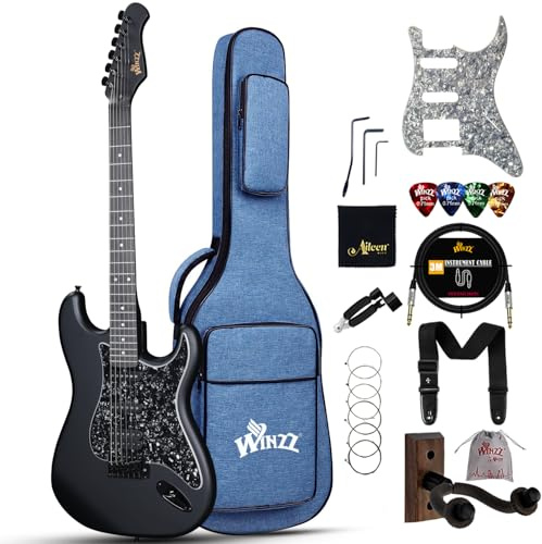 Winzz Adult Electric Guitar 4/4 Full Size, ST HSS Pickup, for Beginners Starter Pack with 12 Accessories, Ideal Kids Electric Guitar Kit 12+ Years (39 Matte Black, Black Pickguard)
