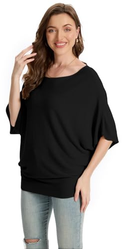 zidiau Maglioni e Pullover Jumper Larghi Lavorati a Maglia con Scollo a Barchetta e Maniche a Pipistrello Dolman per Donna Taglia Unica, Manica corta nera., Taglia unica