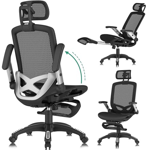 GABRYLLY Office Chair with Footrest, Ergonomic Desk Chair - 135° Recline Wide, 45° Flip-Up Arms,3D Headrest & Mesh Seat, High Back Home Gaming Chair for Adult Man Woman, 300LBS