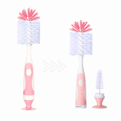 MADMOM 2-in-1 Baby Bottle Brush & Teat Brush with Suction Cup Stand – Soft Bristles, Non-Scratch Cleaning, BPA-Free, Durable Cleaning for Baby Feeding Bottles & Nipples | Pink