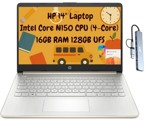 HP 14 portatili sottili portatili per studenti 2025, 14 HD, Intel N150 a 4 core, 16 GB di RAM, 256 GB di memoria (128 GB UFS + 128 GB microSD), 1 anno Office 365, Wi-Fi 6, HDMI, docking station