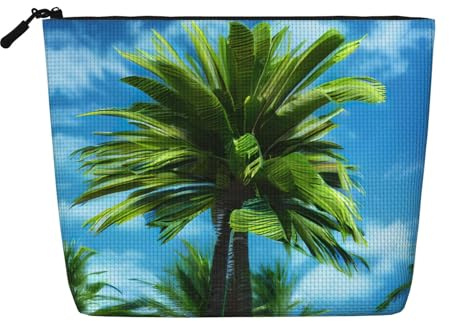 DRTGEDS Summer Palm Tree Water Resistant Makeup Bag Fake Hemp, Large Cosmetic Organizer Travel Zippered Pouch