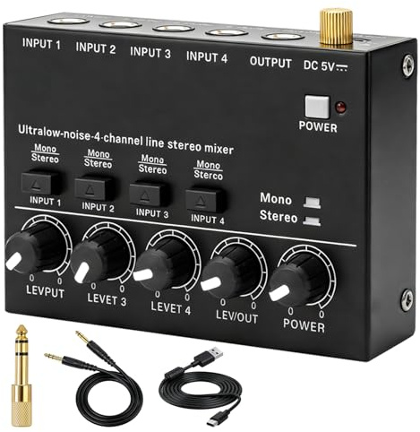 Mezclador de audio de 4 canales, mezclador activo, consola de mezcla con cable de conmutación de 3,5 mm a 6,35 mm, mezclador de audio estéreo con control de volumen, consola de mezcla compacta