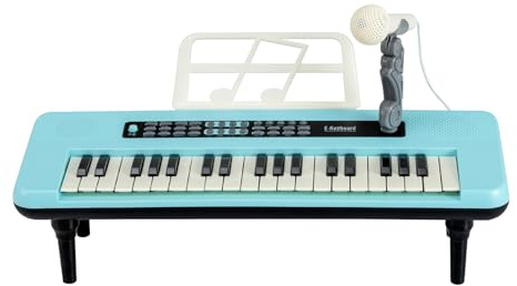 GYMAX Kids Piano Keyboard, 37 Keys Children Piano with Music Stand, Microphone and Detachable Legs, Educational Electronic Keyboard for 3+ Years Old (Blue)