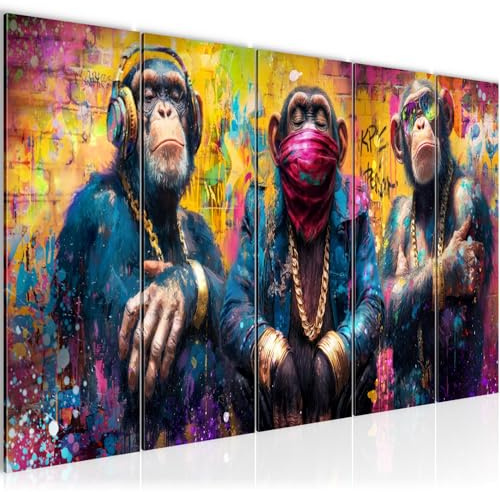 Runa Art Wandbilder XXL Street Art Wohnzimmer Schlafzimmer Büro 200 x 80 cm Affe 5 Teilig - Made in Germany - 061255a
