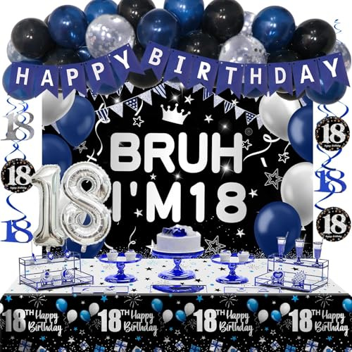 18th Birthday Decorations, 18th Birthday Decorations For Boys Girls Bruh I'M 18 Backdrop 18th Birthday Balloons 18th Birthday Banner Tablecloth Teenager Birthday Decorations Hanging Swirls Supplies