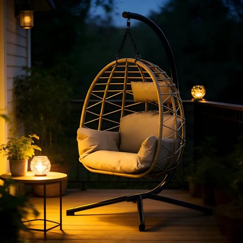 Garvee Fauteuil Suspendu Aria en Rotin Synthétique – Chaise Balancelle Élégante avec Coussin Épais, Hauteur Réglable et Structure Stable, pour Intérieur et Extérieur, Jardin, Balcon ou Salon - Gris