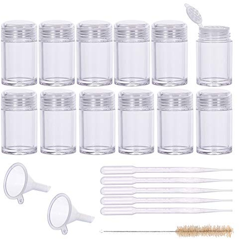 BENECREAT 12 Packs 10ml Small Plastic Loose Bottle Jars Glitter Containers with Sifter, Cleaning Brush, Funnel and Droppers for Makeup Product