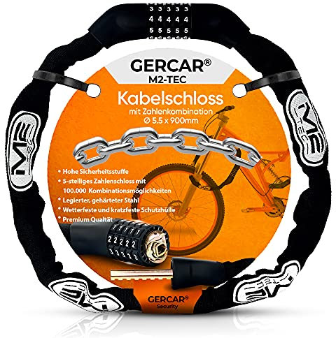 GERCAR Fahrradschloss mit Zahlen Fahrrad Kettenschloss Zahlenschloss 630g - Hochwertige Zylindertechnik aus Zinklagierung, mit 5-stelligem Zahlencode und Leichte Konstruktion, 90cm lang, 5,5mm stark