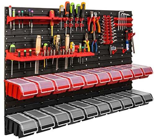 Lagersystem Werkstattregal | 117 x 78 cm | NPKL Wandregal mit Stapelboxen - Wandplatten Extra Starke Schüttenregal Warkzeuglochwand Lagerregal Garage Regal (4)