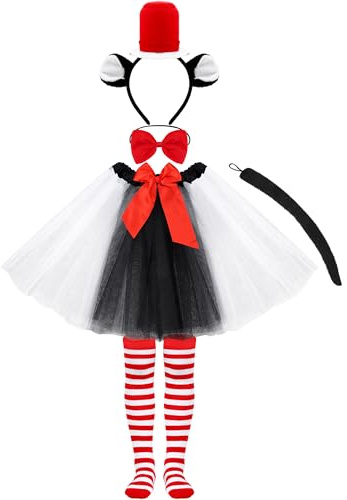 SOMSOC Tulle Tutu Skirt Girls Costume Set Child Headband Bowtie Striped Tights Cat Costume for Halloween Party Cosplay