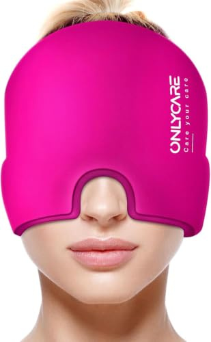 ONLYCARE Migräne Maske, Upgraded Kühlmaske Schlafmaske Kühlmütze Kühlhaube | 360° Gel Surround kühlpads zur Linderung von Migräne, Kopfschmerzen, Magenta