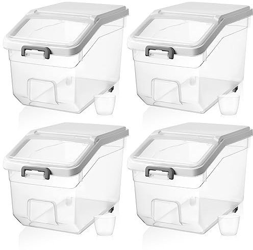 Sunnyray 4 Pcs Rice Storage Container 28 lb Airtight Flour Container with Wheels Measuring Cup Clear Pet Food Cube Dog Birds Cat Food Bin Grain Cereal Organizer Box for Dry Baking Supplies(White Lid)