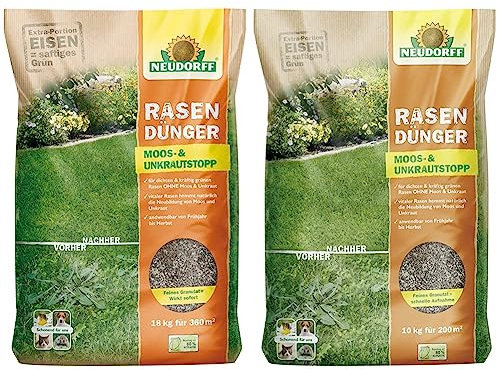 Neudorff RasenDünger Moos- & UnkrautStopp 18 Kg für 360m² & RasenDünger Moos- & UnkrautStopp 10 Kg für 200m², organisch-mineralischer Dünger mit Eisen und Kalium für dichtes, saftiges Grün