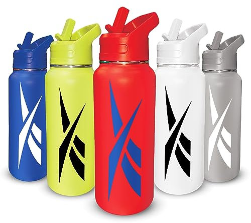 Reebok Bouteille d'eau en acier inoxydable avec bouchon à paille et design athlétique – Bouteilles d'eau isothermes de 946 ml – Bouteille d'eau de sport à double paroi isolée sous vide avec paille,