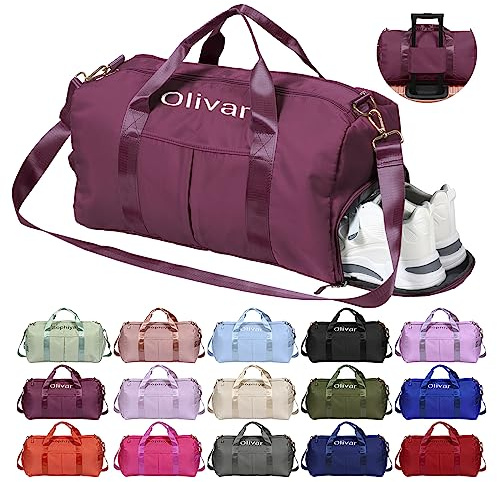 Personalisiert Sporttasche Damen, Wasserdicht Gym Bag mit Sporthandtuch OXYEFEI Embroidery Namen Klassische Sporttaschen Faltbare als Groß Mommy Bag Schwimmtasche Fitness für Damen Mama (Tiefrot)
