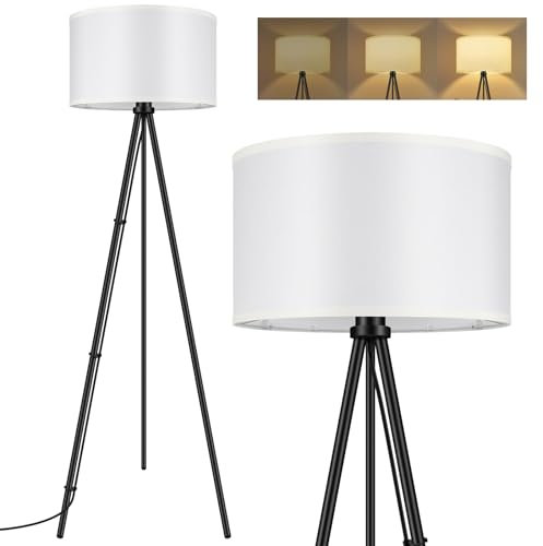AUQUEE LED Stehlampe Wohnzimmer, 15W Dimmbar Stehleuchte, Moderne Dreibeinige Standleuchte aus Metall mit Weiß Leinen Lampenschirm und Fußschalter, Retro Stehlamp für Wohnzimmer, Schlafzimmer und Büro