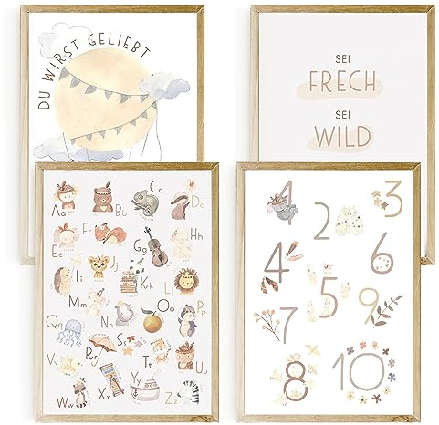 EULENTALER Lernposter ABC & Zahlen für Kinder | Von Pädagogen gestaltet | Bilder Kinderzimmer mit Buchstaben, Alphabet und Zahlen, 4er Set im DIN A4 Format, für Grundschule, Kindergarten und Zuhause
