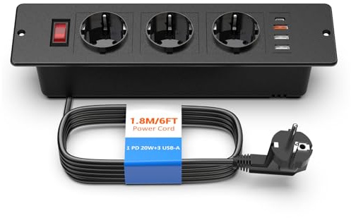 Prise Encastrable USB C PD 20W, Ohuo Multiprise Encastrable 3 Prises avec 3 Ports USB A avec Interrupteur, Câble 1.8m Noir
