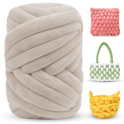 LEREATI Fettuccia per Borse a Uncinetto, Filato Gigante 500g Filato di Lana Morbida Chunky Yarn Tubolare, Gomitoli Lana Grossa per Coperte a Mano, Animali Domestici, Letto (Beige)
