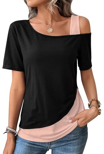 ZASFOU Donna Magliette Top Estive Camicia Elegante Manica Corta T Shirt Spalle Scoperte Tunica Blusa Camicetta